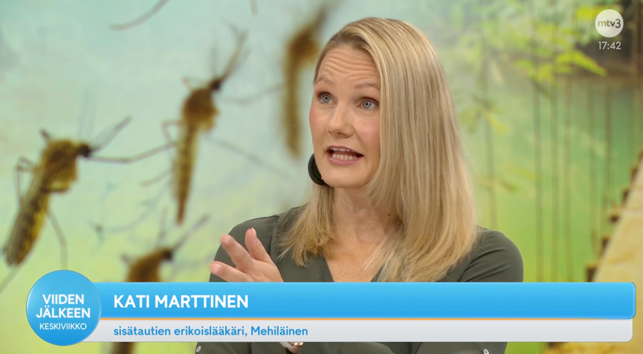 Kati Marttinen esiintyy MTV:n Viiden jälkeen -ohjelmassa kertomassa matkailuterveydestä